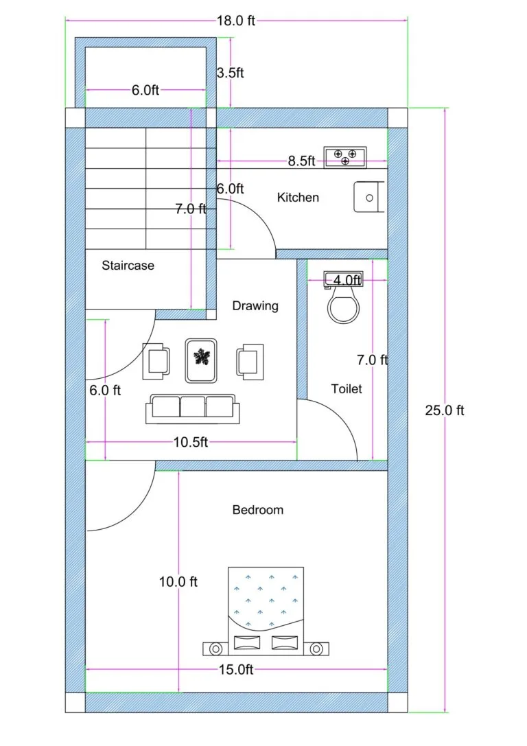 18x25 feet 1BHK house plan with staircase, drawing room, separate kitchen (8.5 ft counter), common toilet (4x7 ft), and spacious 10x15 bedroom layout.