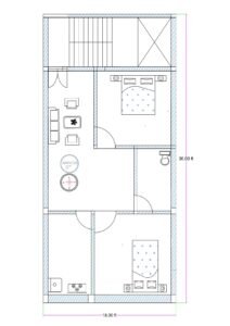 18x36 feet 2BHK house plan illustration with front staircase, central drawing area, two bedrooms, common toilet, and rear kitchen layout.