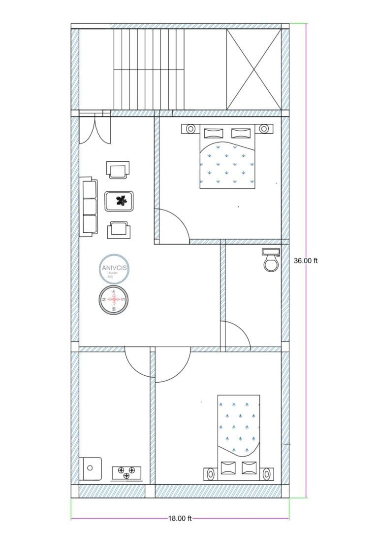 18x36 feet 2BHK house plan illustration with front staircase, central drawing area, two bedrooms, common toilet, and rear kitchen layout.