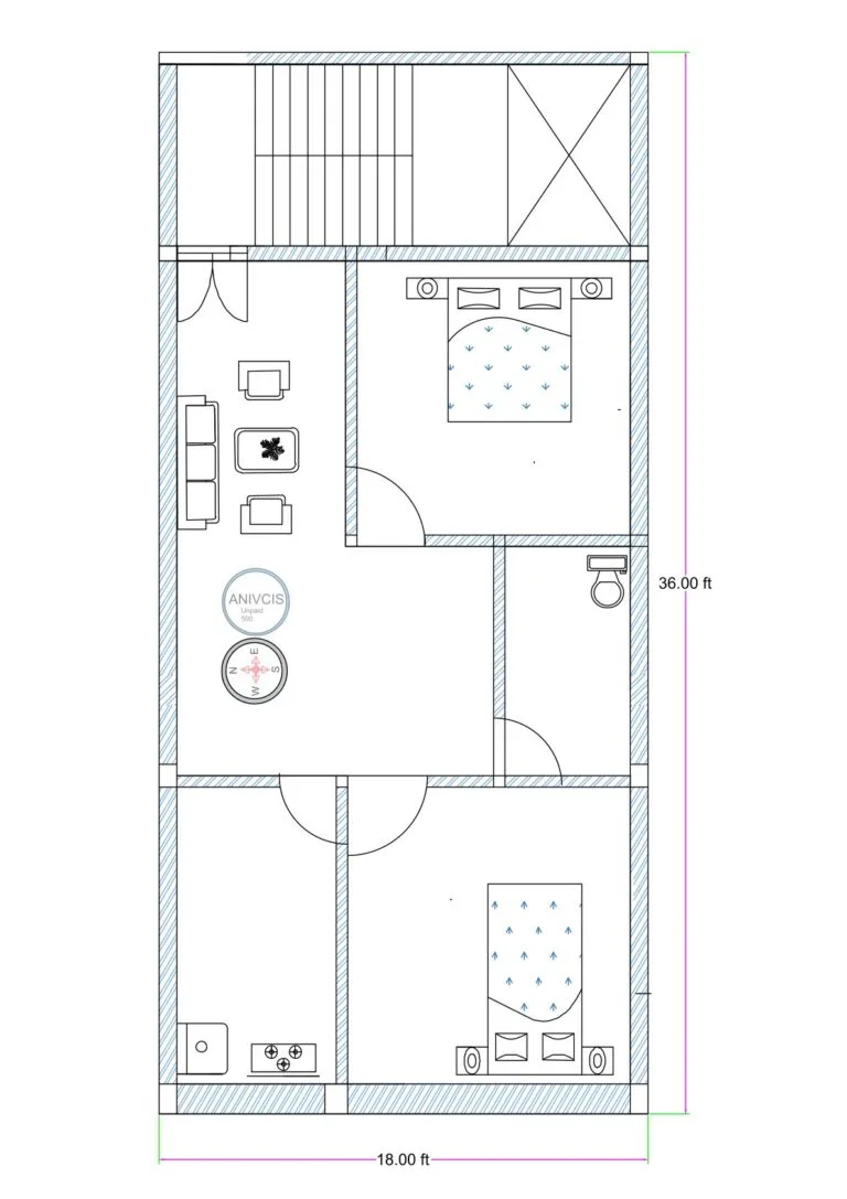 18x36 feet 2BHK house plan illustration with front staircase, central drawing area, two bedrooms, common toilet, and rear kitchen layout.