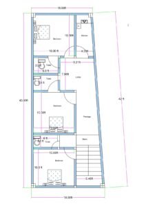 18x43 feet irregular 3BHK house plan with three bedrooms, multiple toilets, kitchen, lobby, side passage, and rear staircase layout.