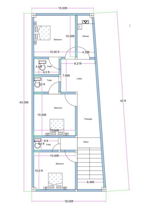 18x43 feet irregular 3BHK house plan with three bedrooms, multiple toilets, kitchen, lobby, side passage, and rear staircase layout.