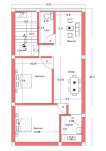 18x45 feet 2BHK house plan with front staircase, 12 ft drawing room, 15.5 ft dining area, two bedrooms (approx. 13 ft and 12 ft), 5.5x9 ft kitchen, and common toilet layout.