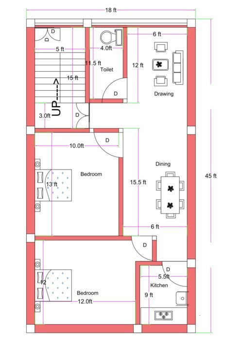 18x45 feet 2BHK house plan with front staircase, 12 ft drawing room, 15.5 ft dining area, two bedrooms (approx. 13 ft and 12 ft), 5.5x9 ft kitchen, and common toilet layout.