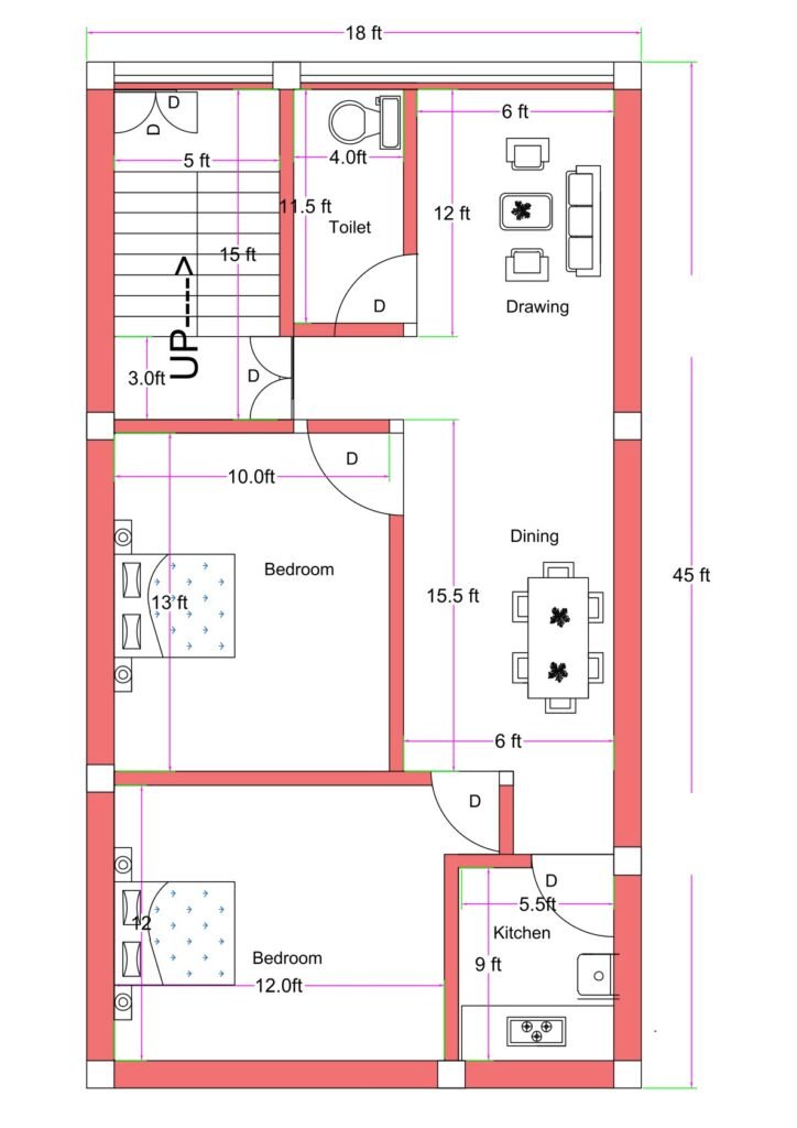18x45 feet 2BHK house plan with front staircase, 12 ft drawing room, 15.5 ft dining area, two bedrooms (approx. 13 ft and 12 ft), 5.5x9 ft kitchen, and common toilet layout.