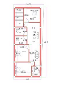 18x48 feet 3BHK house plan with front staircase (6 ft wide), two common toilets, spacious drawing room, dining area, three bedrooms, and 5.5x9 ft kitchen layout.