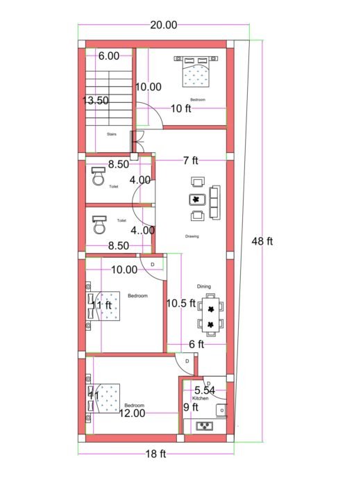 18x48 feet 3BHK house plan with front staircase (6 ft wide), two common toilets, spacious drawing room, dining area, three bedrooms, and 5.5x9 ft kitchen layout.