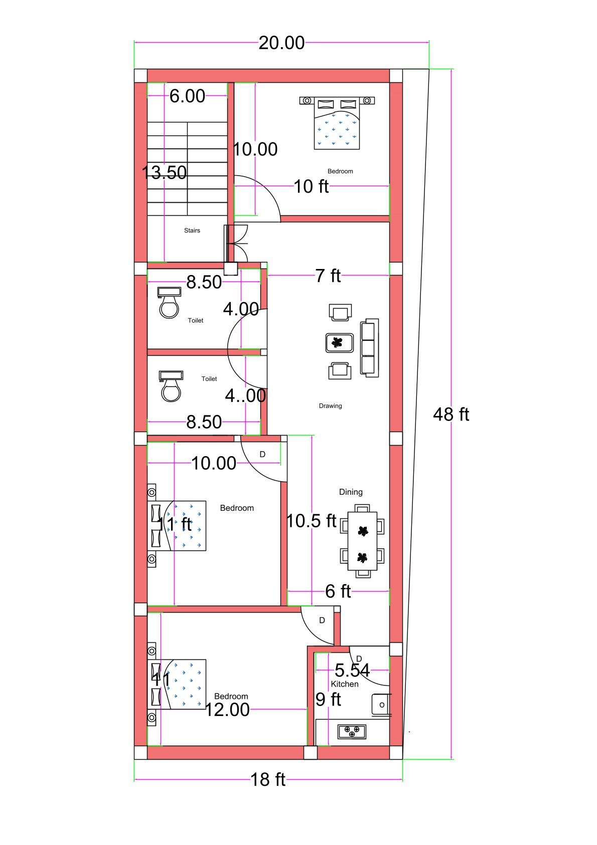 18x48 feet 3BHK house plan with front staircase (6 ft wide), two common toilets, spacious drawing room, dining area, three bedrooms, and 5.5x9 ft kitchen layout.