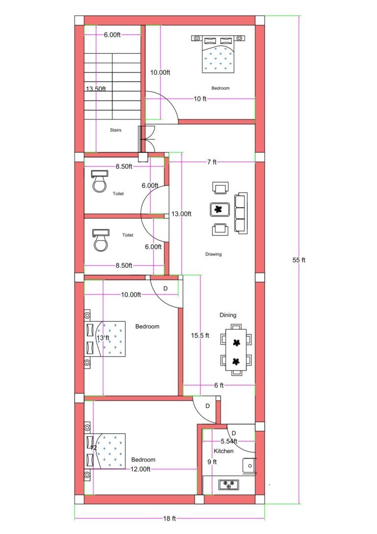 18x55 feet 3BHK house plan with front staircase, spacious drawing and dining area, three bedrooms (10 ft–12 ft range), two common toilets, and 5.5x9 ft kitchen layout.
