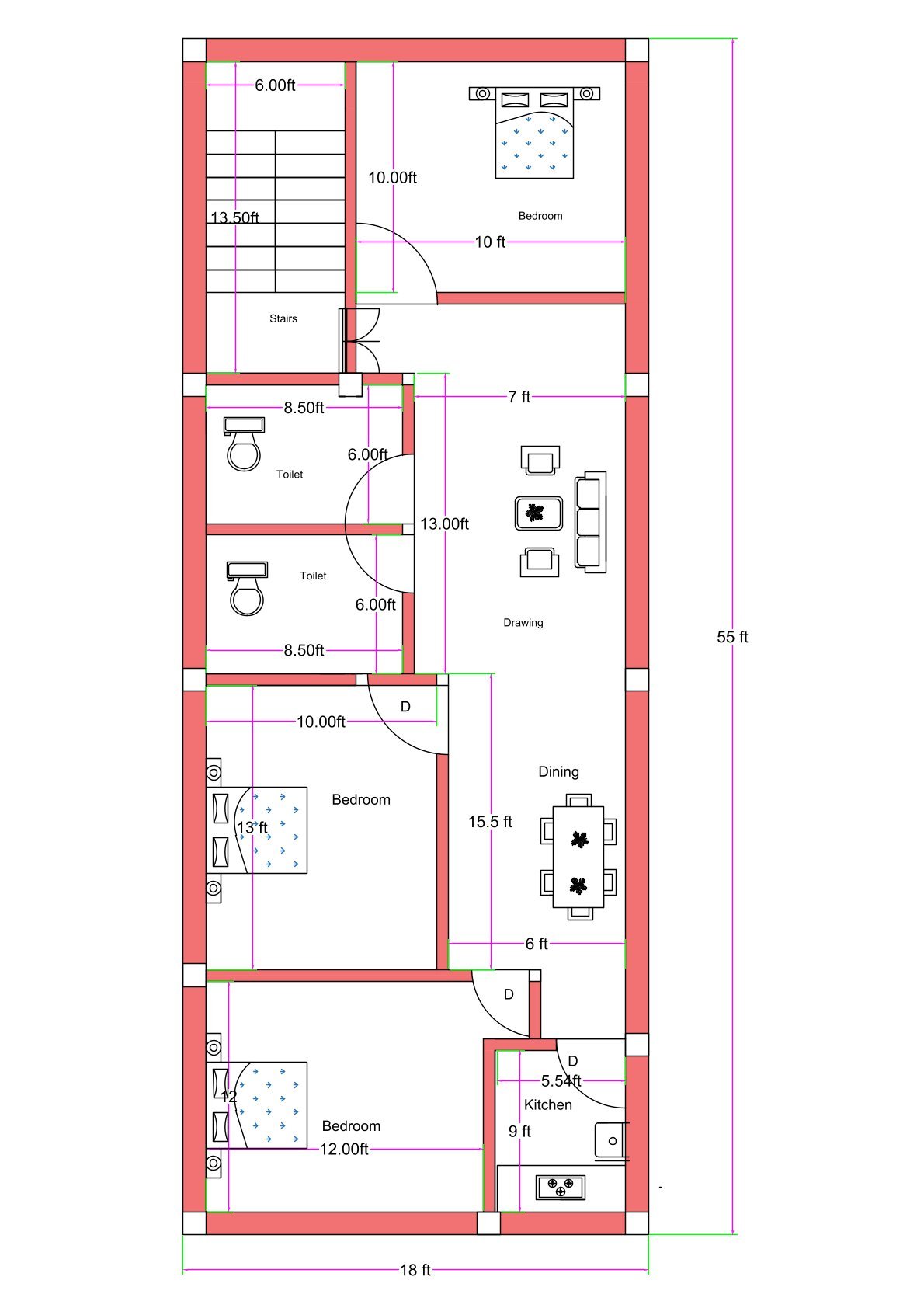 18x55 feet 3BHK house plan with front staircase, spacious drawing and dining area, three bedrooms (10 ft–12 ft range), two common toilets, and 5.5x9 ft kitchen layout.