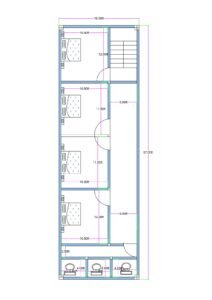 18x57 feet lodge or hostel floor plan with four rooms (approx. 10.5 ft wide), common corridor, three shared toilets, and front staircase layout.