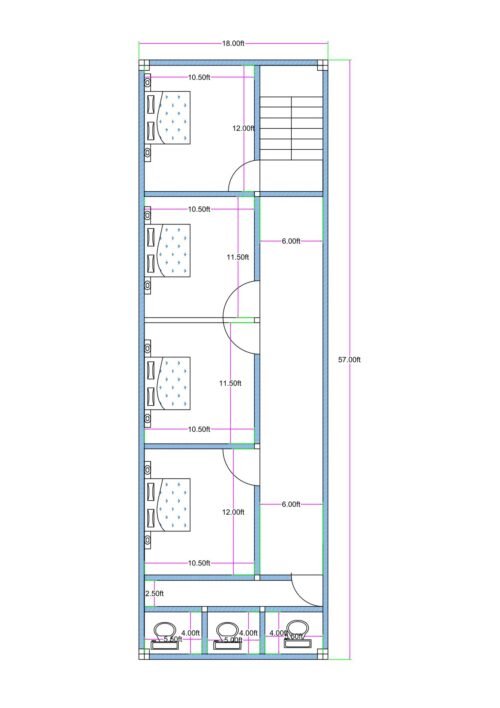 18x57 feet lodge or hostel floor plan with four rooms (approx. 10.5 ft wide), common corridor, three shared toilets, and front staircase layout.