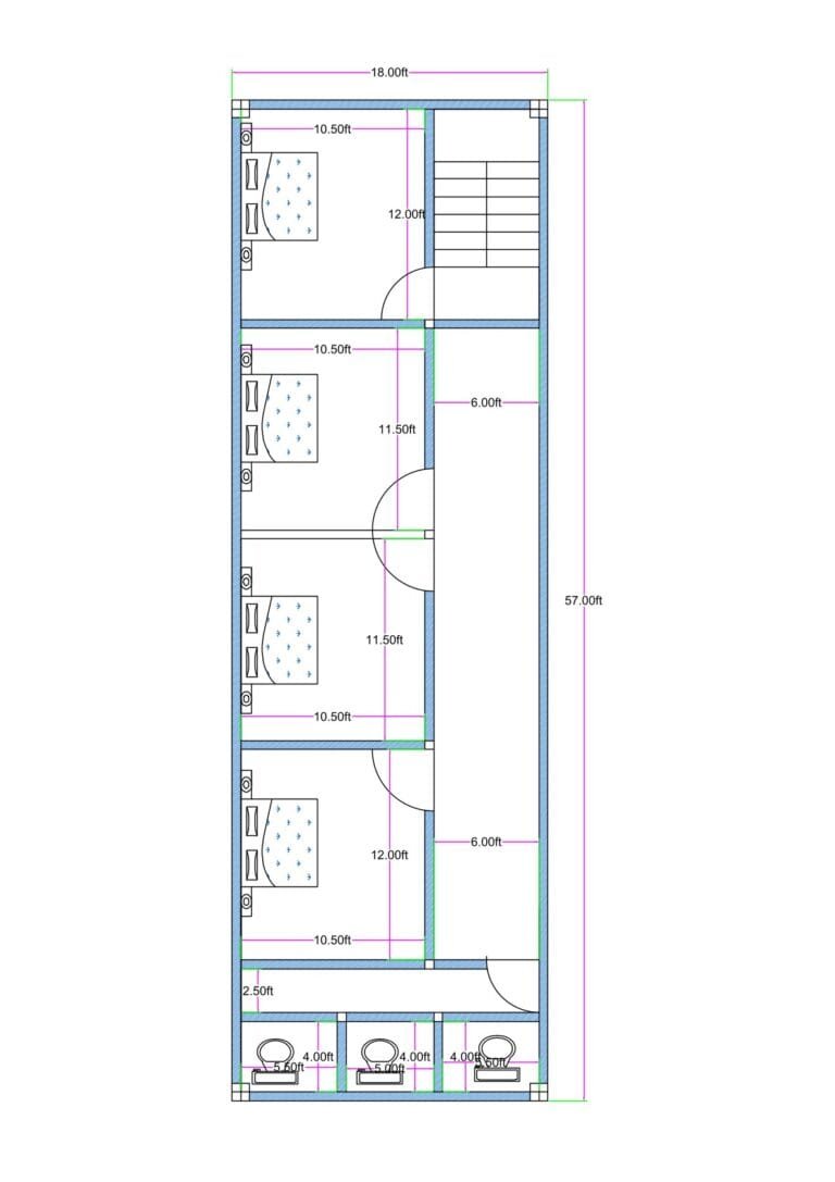 18x57 feet lodge or hostel floor plan with four rooms (approx. 10.5 ft wide), common corridor, three shared toilets, and front staircase layout.
