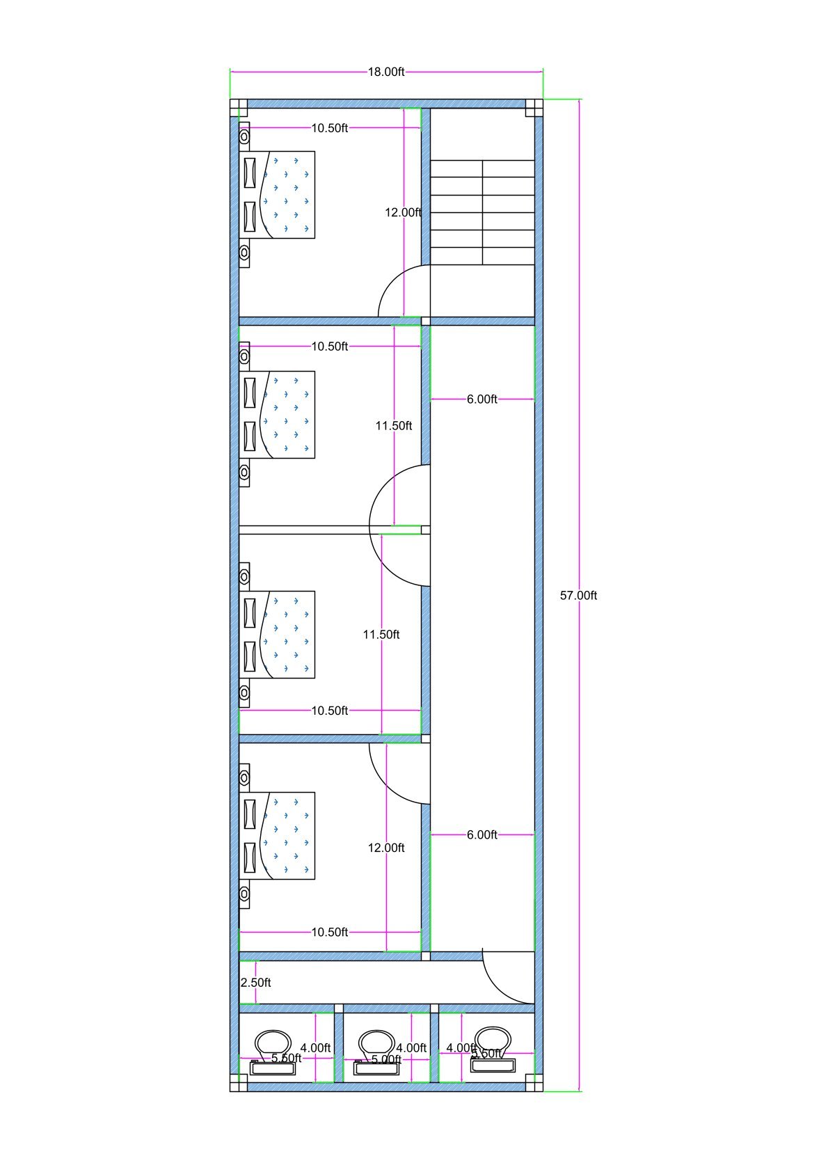 18x57 feet lodge or hostel floor plan with four rooms (approx. 10.5 ft wide), common corridor, three shared toilets, and front staircase layout.