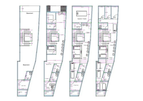 18x90 feet irregular tapered hospital floor plan with basement parking, reception level, ward rooms, operation theater, doctor rooms, and multi-storey medical layout.