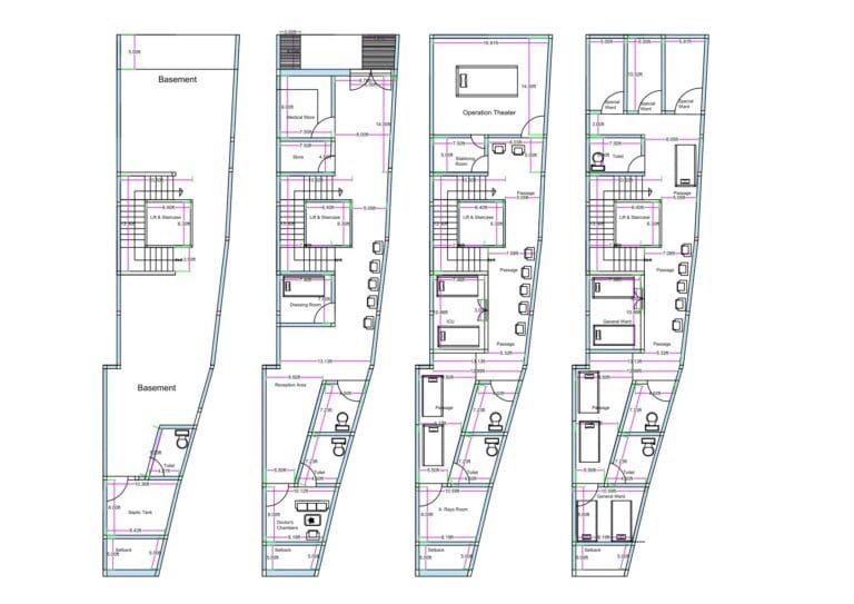 18x90 feet irregular tapered hospital floor plan with basement parking, reception level, ward rooms, operation theater, doctor rooms, and multi-storey medical layout.