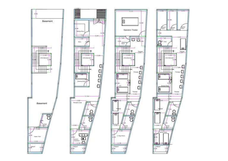 18x90 feet irregular tapered hospital floor plan with basement parking, reception level, ward rooms, operation theater, doctor rooms, and multi-storey medical layout.
