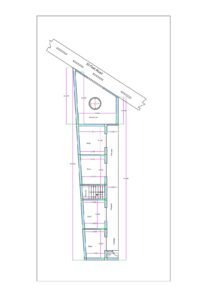 Irregular tapered commercial plot (19 ft front, 16 ft rear) with four shops, central passage, internal staircase, and 33 ft wide road frontage.