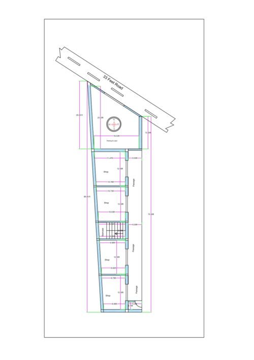 Irregular tapered commercial plot (19 ft front, 16 ft rear) with four shops, central passage, internal staircase, and 33 ft wide road frontage.