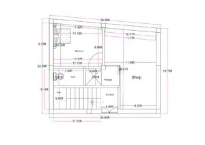 Irregular 25x20 feet mixed-use floor plan with front shop, staircase, passage, bedroom, and attached toilet layout.