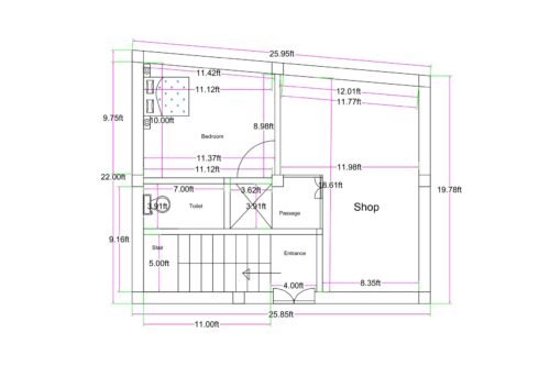 Irregular 25x20 feet mixed-use floor plan with front shop, staircase, passage, bedroom, and attached toilet layout.