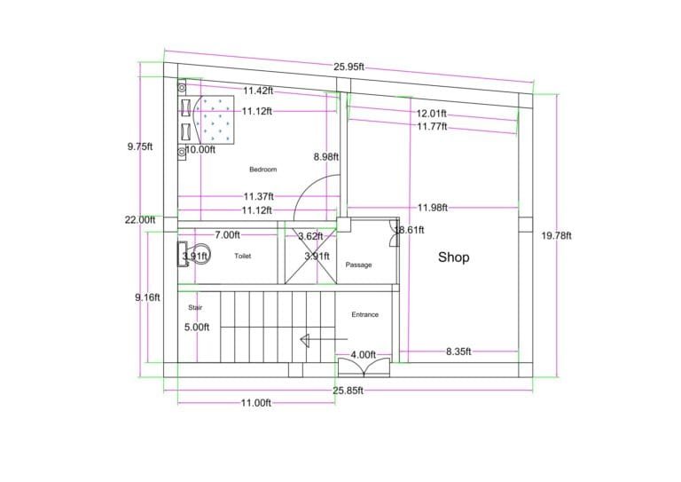 Irregular 25x20 feet mixed-use floor plan with front shop, staircase, passage, bedroom, and attached toilet layout.