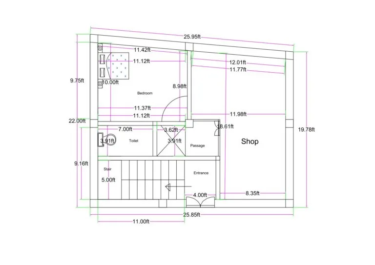 Irregular 25x20 feet mixed-use floor plan with front shop, staircase, passage, bedroom, and attached toilet layout.
