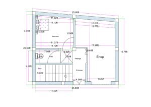 Color-highlighted irregular mixed-use floor plan (approx. 25x20 ft) with front shop, modified entrance layout, staircase, bedroom, toilet, and clearly marked column positions.