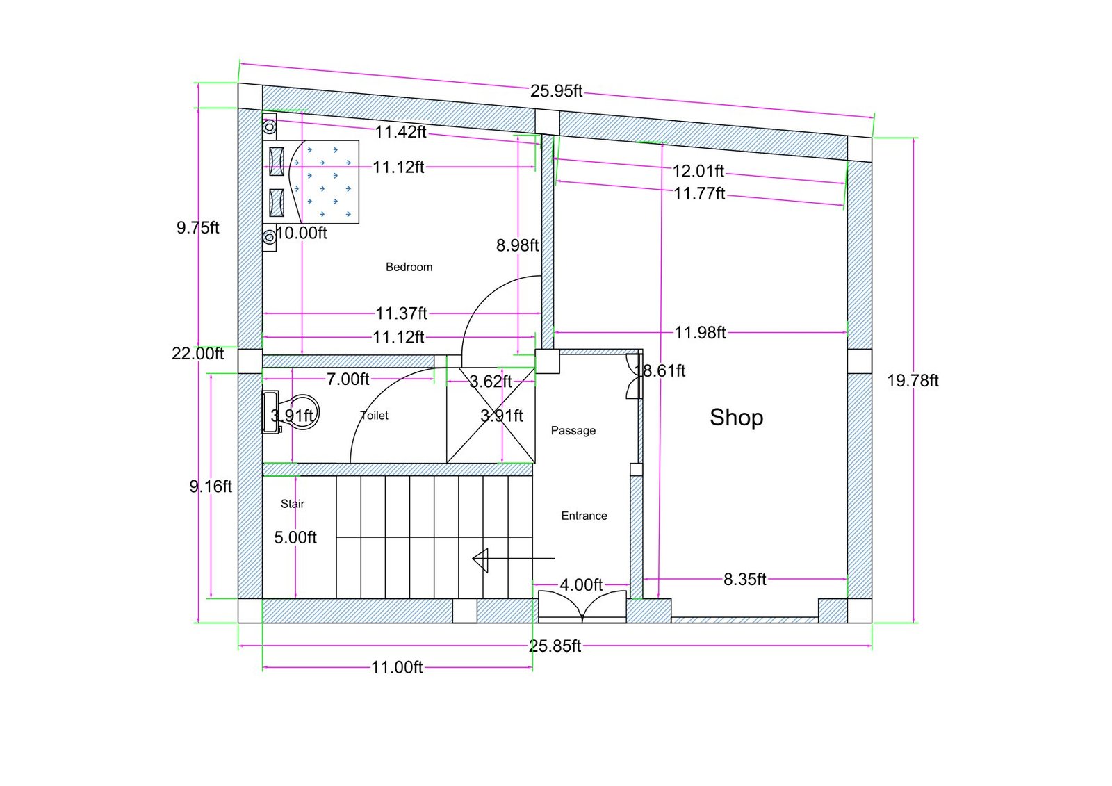 Color-highlighted irregular mixed-use floor plan (approx. 25x20 ft) with front shop, modified entrance layout, staircase, bedroom, toilet, and clearly marked column positions.