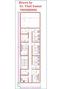19x76 feet lodge or hostel floor plan with hall, reception, utility room, kitchen, staircase, operation room, and multiple 2-bed and 3-bed ward-style bedrooms.