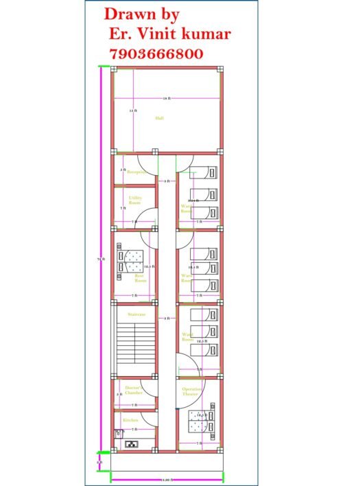 19x76 feet lodge or hostel floor plan with hall, reception, utility room, kitchen, staircase, operation room, and multiple 2-bed and 3-bed ward-style bedrooms.