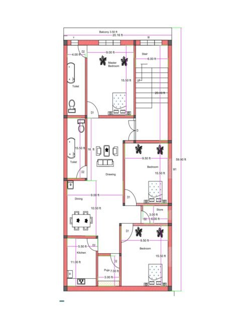 20x60 west-facing 3BHK house plan (actual 20.16x59.9 ft) with master bedroom, puja room, kitchen, dining, drawing hall, large toilets, balcony, and parking under staircase.