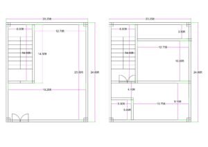 20x25 feet mixed use building plan (actual size 20.25 ft x 24.60 ft) showing ground floor commercial shop with staircase and first floor 1BHK house layout including hall, kitchen, bedroom, toilet and balcony.