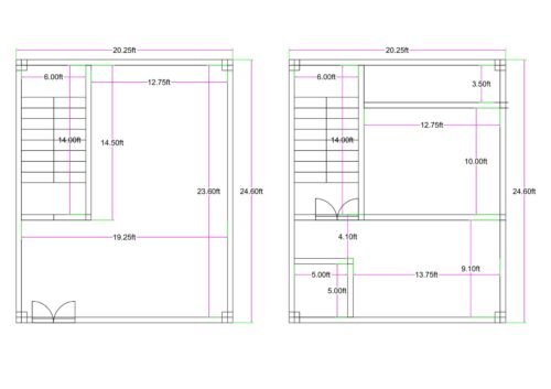 20x25 feet mixed use building plan (actual size 20.25 ft x 24.60 ft) showing ground floor commercial shop with staircase and first floor 1BHK house layout including hall, kitchen, bedroom, toilet and balcony.