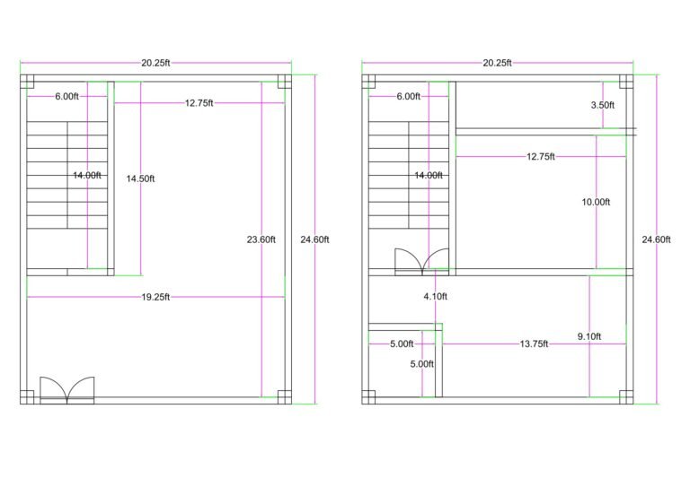 20x25 feet mixed use building plan (actual size 20.25 ft x 24.60 ft) showing ground floor commercial shop with staircase and first floor 1BHK house layout including hall, kitchen, bedroom, toilet and balcony.