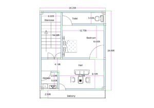 20x25 feet 1BHK house plan (actual size 20.25 ft x 24.60 ft) featuring front balcony, hall with sofa layout, 5 ft wide kitchen, 10 ft bedroom, 3.5 ft toilet, and 6 ft staircase on left side for small residential plot design.