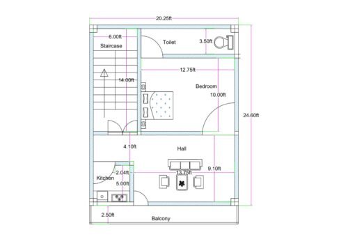 20x25 feet 1BHK house plan (actual size 20.25 ft x 24.60 ft) featuring front balcony, hall with sofa layout, 5 ft wide kitchen, 10 ft bedroom, 3.5 ft toilet, and 6 ft staircase on left side for small residential plot design.