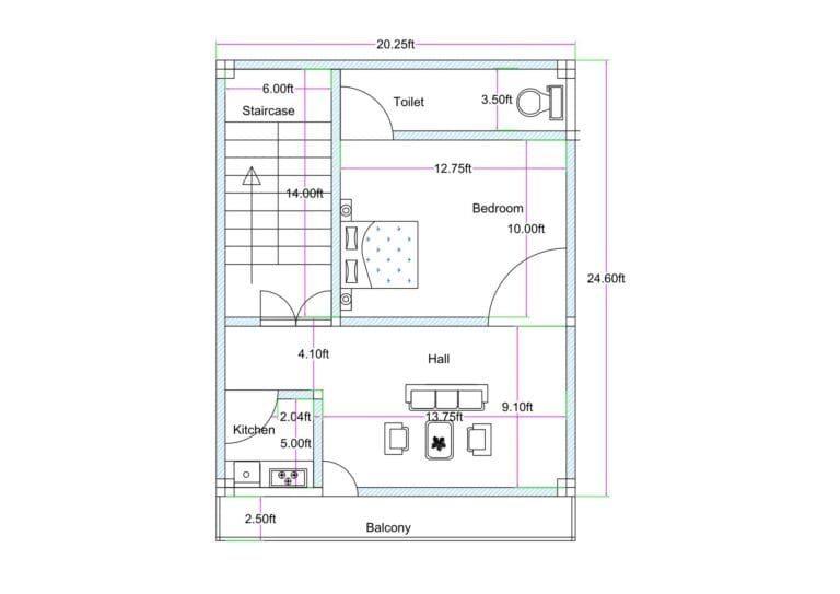 20x25 feet 1BHK house plan (actual size 20.25 ft x 24.60 ft) featuring front balcony, hall with sofa layout, 5 ft wide kitchen, 10 ft bedroom, 3.5 ft toilet, and 6 ft staircase on left side for small residential plot design.