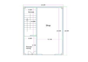 20x25 feet shop floor plan (actual size 20.25 ft x 24.60 ft) with large commercial shop area, 6 ft wide staircase on left side, and 6 ft wide passage parking at front for small commercial plot design.