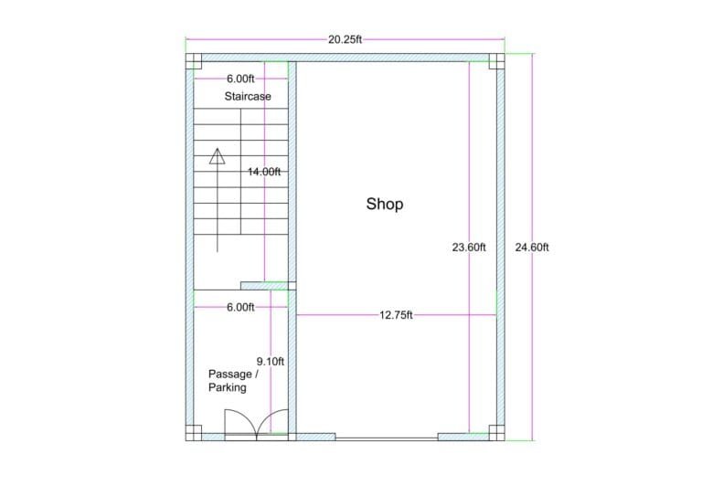 20x25 feet shop floor plan (actual size 20.25 ft x 24.60 ft) with large commercial shop area, 6 ft wide staircase on left side, and 6 ft wide passage parking at front for small commercial plot design.
