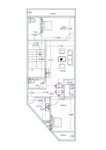 20x50 feet 2BHK house plan with irregular front shape featuring drawing room, dining area, kitchen, two bedrooms, two toilets, staircase, and front and rear balconies for compact urban residential plot.
