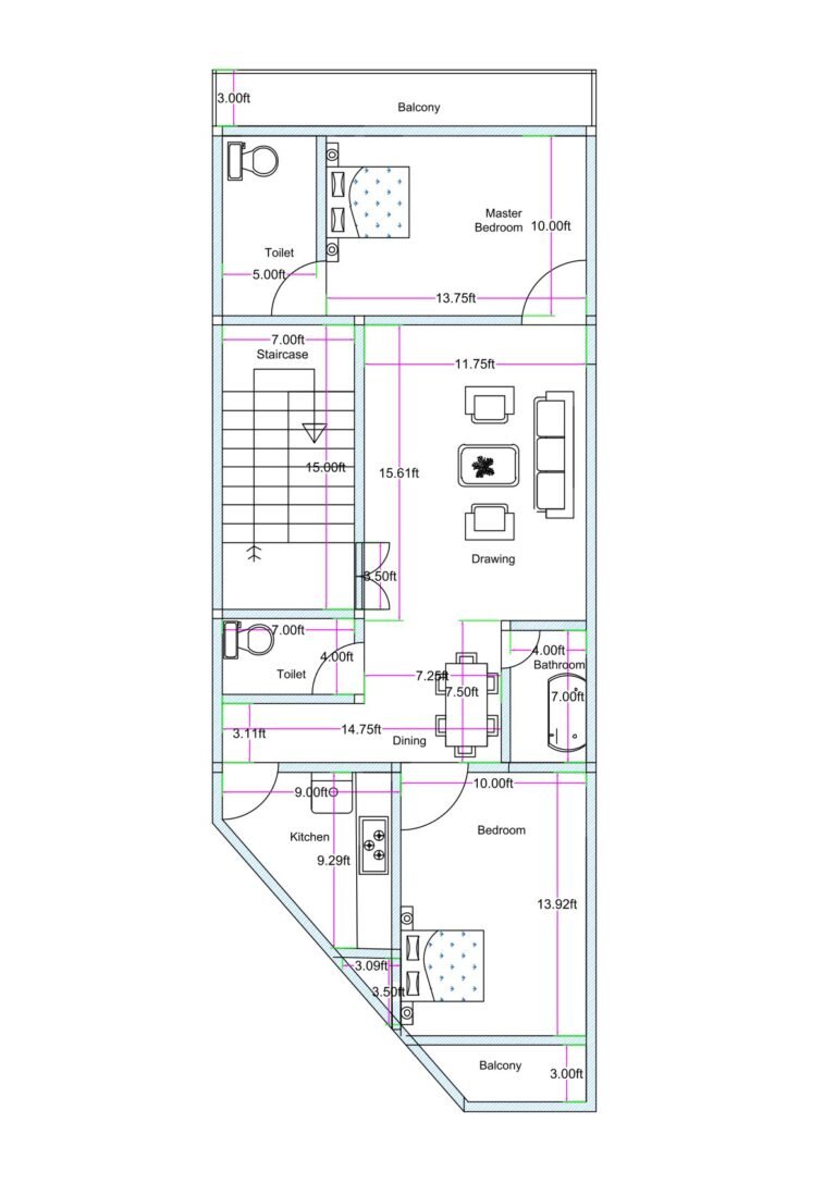 20x50 feet 2BHK house plan with irregular front shape featuring drawing room, dining area, kitchen, two bedrooms, two toilets, staircase, and front and rear balconies for compact urban residential plot.