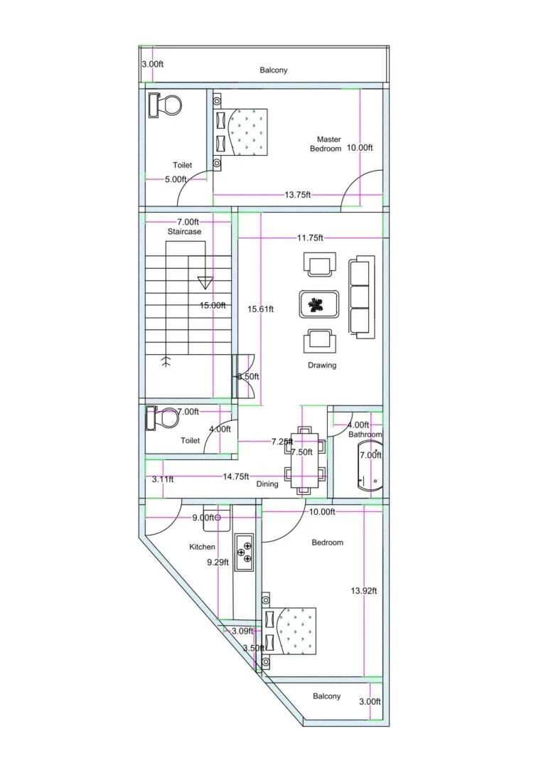 20x50 feet 2BHK house plan with irregular front shape featuring drawing room, dining area, kitchen, two bedrooms, two toilets, staircase, and front and rear balconies for compact urban residential plot.