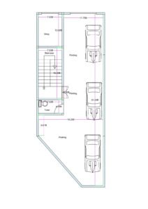 20x50 feet ground floor parking plan with full stilt parking area, internal staircase, and open layout for residential building on irregular shaped urban plot.