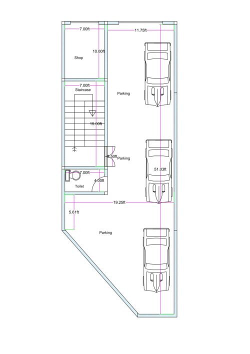 20x50 feet ground floor parking plan with full stilt parking area, internal staircase, and open layout for residential building on irregular shaped urban plot.