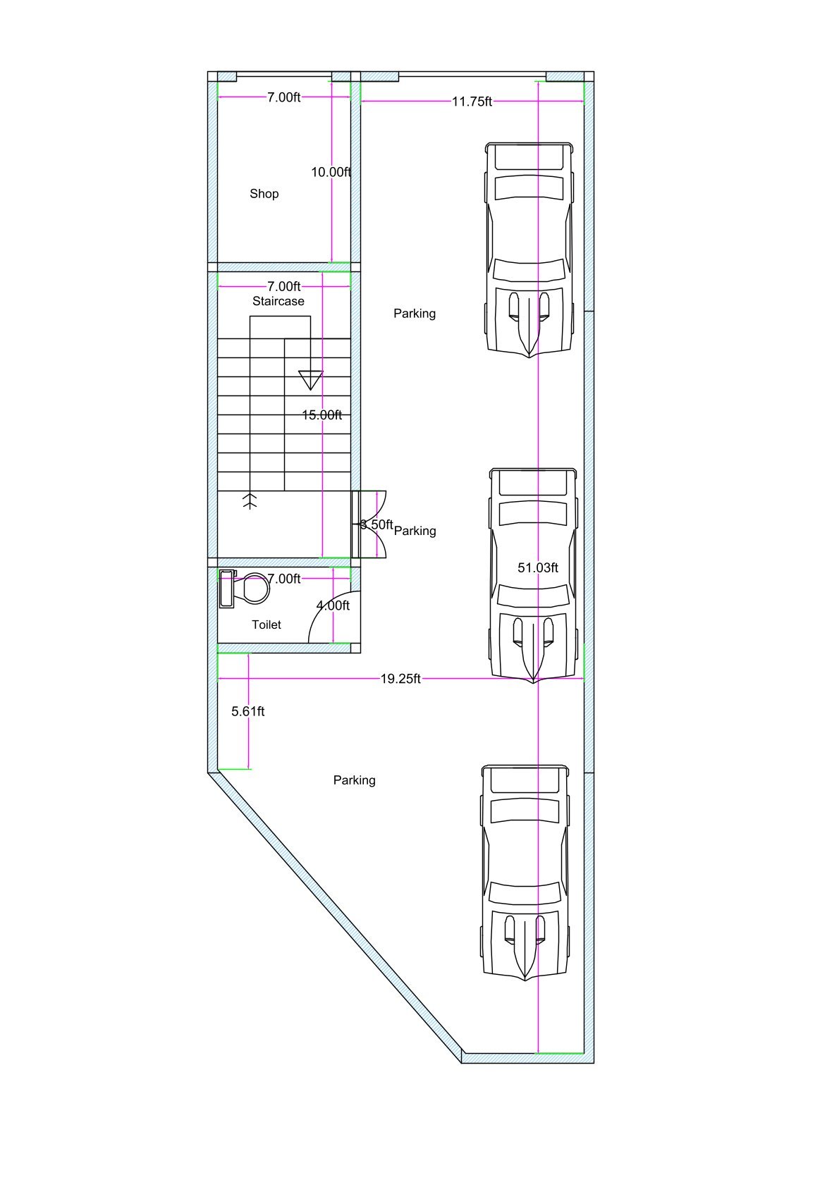 20x50 feet ground floor parking plan with full stilt parking area, internal staircase, and open layout for residential building on irregular shaped urban plot.