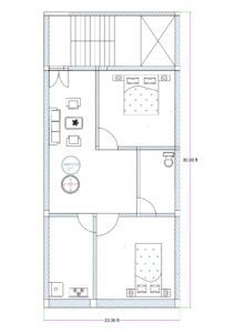 20x30 feet 2BHK house plan featuring two bedrooms, hall, kitchen, toilet, and internal staircase for compact residential plot design measuring 20 by 30 feet.