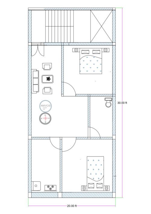 20x30 feet 2BHK house plan featuring two bedrooms, hall, kitchen, toilet, and internal staircase for compact residential plot design measuring 20 by 30 feet.