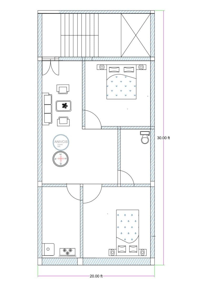 20x30 feet 2BHK house plan featuring two bedrooms, hall, kitchen, toilet, and internal staircase for compact residential plot design measuring 20 by 30 feet.