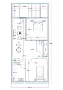 20x30 feet 2BHK house plan (actual size 20x33 feet) featuring two bedrooms, spacious hall, kitchen, toilet, and internal staircase for compact residential plot design.